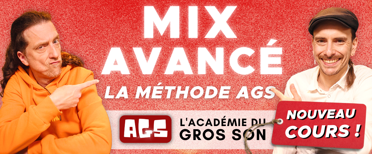 Dans l'image on voit André et Gérald qui pointent, très contents, vers le texte "Mix Avancé - La Méthode AGS"