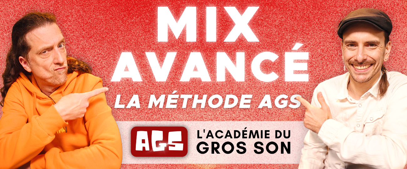 Dans l'image on voit André et Gérald qui pointent, très contents, vers le texte "Mix Avancé - La Méthode AGS - Promo Lancement jusqu'au 16 juin - Nouveau cours"